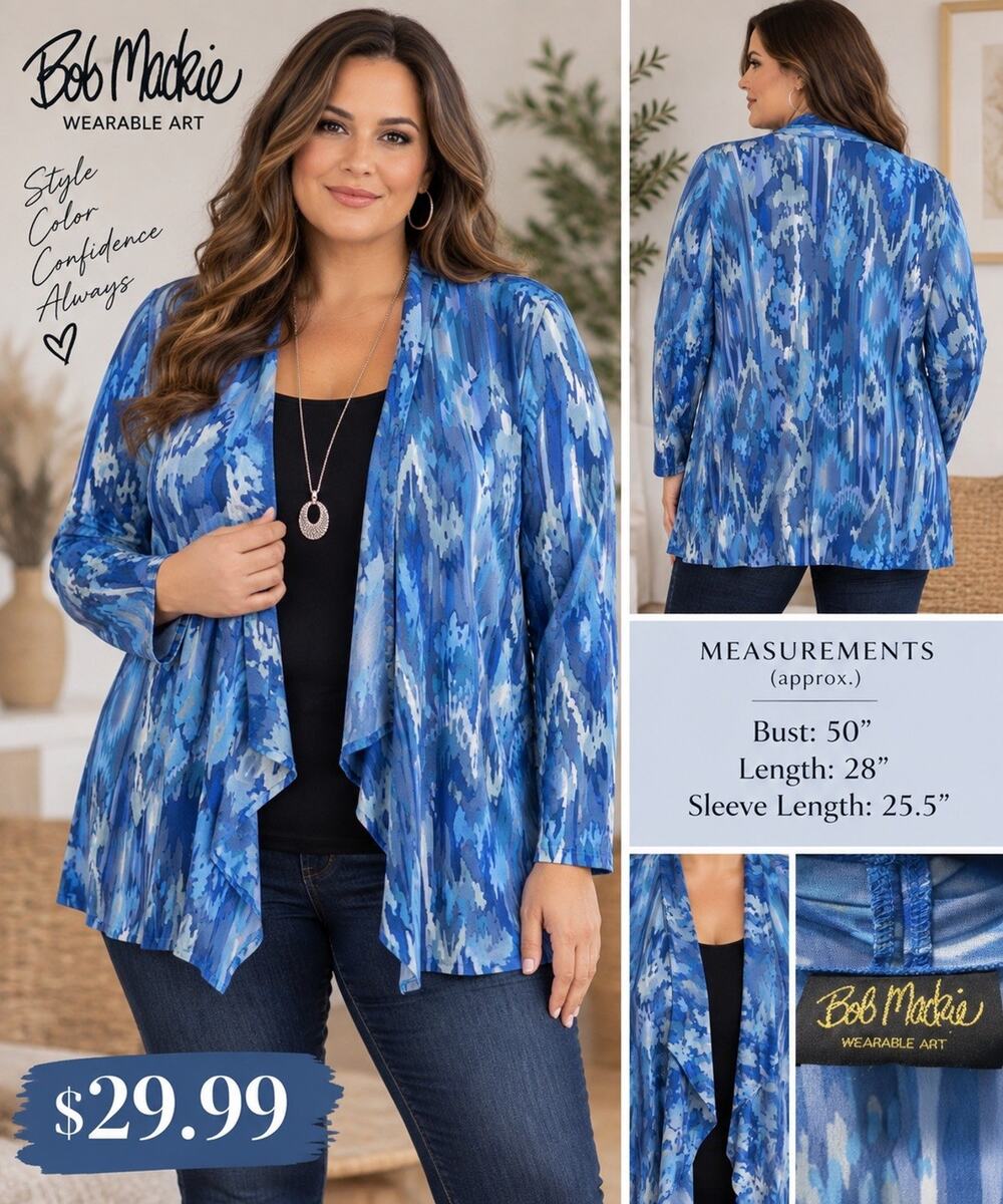Bob Mackie Wearable Art Womens Blue Abstract Print Open Front Cardigan Jacket XL
